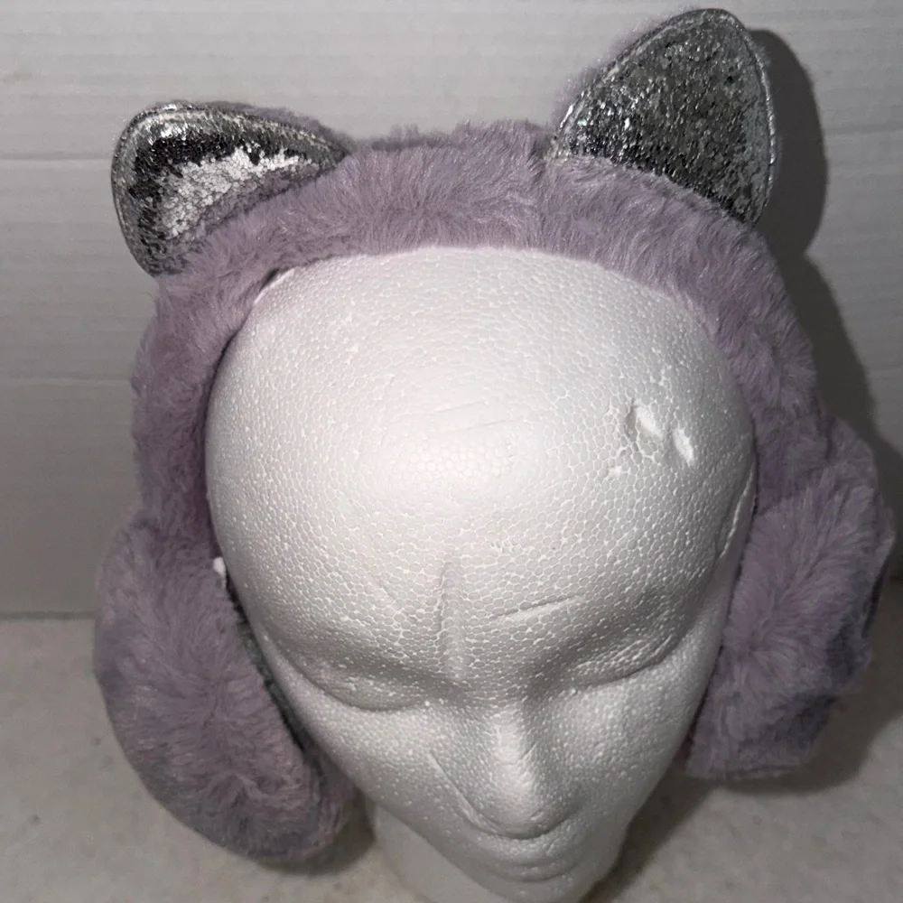 Silver and Purple Cat Ear Earmuffs Girls Winter Warm NWOT